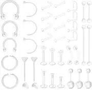 [NIUSIMAN] 37PCS Clear Piercing Retainers For Work, Plastic Bioflex Nose Rings Studs Belly Rings Septum Eyebrow Lip Cartilage Tragus Earring Retainer Industrial Bar Piercing Jewelry