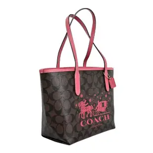 【COACH】PVC Logo雪花馬車手提托特包(深咖梅邊/中款)