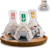 Choxila Triangle Onigiri Wrappers Plastic Rice Balls Bags, 100PCS Japanese Easy Tear Disposable Onigiri baggies with Stickers