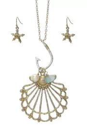 Metal Filigree Fish Hook Shell and Freshwater Pearl Long Chain Necklace Ear Set