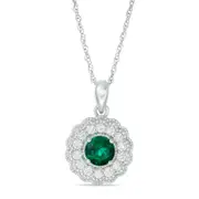 6.0mm Lab-Created Emerald and White Sapphire Flower Pendant in Sterling Silver