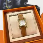 HERMES 愛馬仕 HEURE H系列 石英錶 21MM 金棕色 金色錶盤 女士腕錶