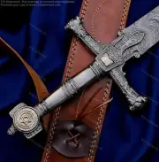 KNIGHTS TEMPLAR Crusader Sword Handmade Cosplay Battle Gift Him w Leather Sheath