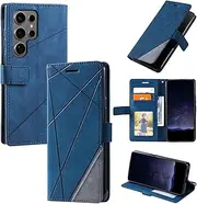 Design Piece of Leather-Like Wallet Phone Case for Samsung Galaxy S24 Ultra with Card Slots, Cash Pocket, Kickstand and Magnetic Lock (Darkblue)