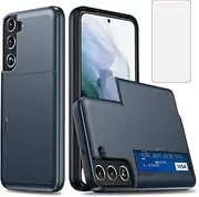 Asuwish Phone Case for Samsung Galaxy S22 5G with Tempered Glass Screen Protector and Credit Card Holder Wallet Cover Hard Hybrid Cell Accessories Gaxaly S 22 22S G5 Women Men Mobile Slot NavyBlue