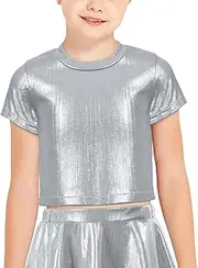[Happy Cherry] Shiny Metallic Crop Top for Toddler Girls Trendy Short Sleeve Casual T Shirt
