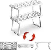 ums Kitchen Cabinet Shelf Organizers - White Plastic Stackable Freezer Rack, Usable Storage Rack for Your Spice, Refrigerator, Pantry (12 X 5.5 inch) Kitchen Cabinet Shelf Organizer Pack Of 2
