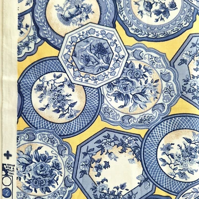 Blue White Floral Plates On Yellow Allover Print TAF Quilting Cotton Fabric BTY