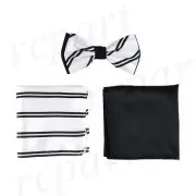 New Men's Pre-tied Bow tie & hankie white black stripes striped formal wedding