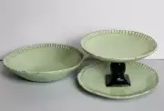 2-Tier Tidbit Dessert Serving Tray Stand & Bowl Green Hand Crafted Pottery Art