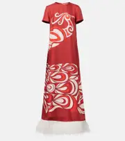 [La DoubleJ] La DoubleJ Swing feather-trimmed silk maxi dress UK 16 red