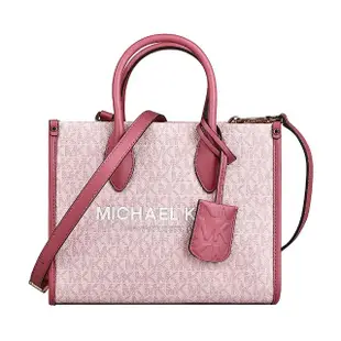 【Michael Kors】MK MICHAEL KORS MIRELLA字母LOGO印花PVC滾邊牛皮拉鍊手提斜背托特包(小/淺粉紅x深粉紅)