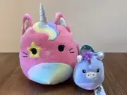 Nwt 7” Squishmallow Sienna Pink Caticorn Cat unicorn horn Clip On Petula Set