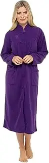 [Lady Olga] Ladies Warm Fleece Long Sleeve Button & Pockets Front Soft Dressing Gown Jacket, Purple, 14-16