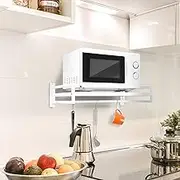 ABCOOL Wall Mount Microwave Oven Shelf Rack for Kitchen Home, Carbon Steel Counter Countertop Holder with Hook Rail and 3 Slidable Hooks