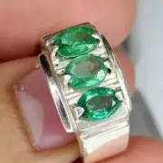 Natural Sawati Emerald Ring Three Stones Punjsher Emerald Ring Sterling Silver