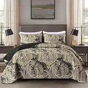 Australian Standard Light Weight Coverlet Set-3 Piece All Seasons Bedding Set with Polyester Filling-Soft Quilt Donna Duvet Set-Includes Bedspread & 2 Pillowcases (Paisley Gold, King)