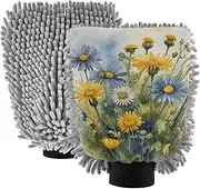 XYMZR Watercolor Yellow Blue Flowers Absorbent Microfiber Car Wash Mitt, Funny Cute Anime Scratch Free for Cars Cleaning, Home Cleaning Mitts, 2 Pack, 10.24” L x 7.09” W