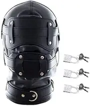 Black Leather Bondage Mask Hood,Full Face Blinder Detachable Cover Eye Dildo Mouth Gag Head Hood, for Unisex Adult Play (Long mouth gag)