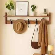 Wacloud 2-in-1 Wall Coat Rack with Shelf – 29" Rustic Solid Wood Wall Hooks with 5 Hangers for Clothes, Hats, Towels, Purses, Robes – Entryway, Bathroom, Bedroom, Living Room Organizer, Brown