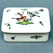 Vintage Herend Hungary Rothschild Bird Porcelain Rectangular Box w Gold Rim 7973