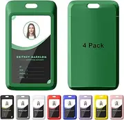 4 Pack Sliding ID Badge Holder, Heavy Duty Plastic ID Badge with Clear Window, Vertical Key Card Holder Protector Pouch for Office School ID Cards Proximity Key Cards Drivers(Green)