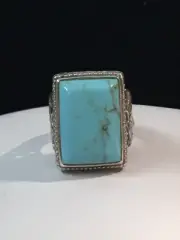 LARGE EMERALD CUT TURQUOISE AND STERLING SILVER RING SIGNED SZ 7.5 SOUTHWESTERN