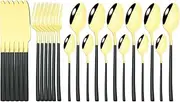 NEPIAN 24Pcs Gold Cutlery Set Mirror Dinnenrware Set Stainless Steel Flatware Fork Spoon Teaspoon Tableware Storage Rack Leisurely (Color : 24Pcs Black Gold)
