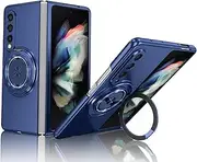 Asuwish Phone Case for Samsung Galaxy Z Fold 3 5G 2021 Cover and Magnetic Ring Holder Stand Slim Hard Hybrid Cell Accessories Protective ZFold3 Z3 Fold3 3Z ZFold35G Wireless Charger Women Men Blue