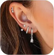 [Sanfenly] 14K Gold Plated Earring Sets for Women Dainty Stud Huggie Hoop Earrings for Multiple Piercing Hypoallergenic Small Hoop Dangle Earrings Cartilage Earring Set