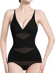 [ONEW] Shapewear Bodysuit for Women Seamless Tummy Control Sculpting Bodysuit Waist Trainer Body Shaper V Neckline Cami Top with Spaghetti Straps