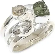 [Generic] Rough Moldavite & Herkimer Diamond Ring Gemstone From Czech Republic 925 Sterling Silver Handmade Jewelry