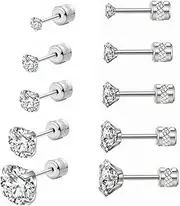 [Hopply] 5 Pairs Screw Back Stud Earrings,Hypoallergenic Stainless Steel Cubic Zirconia Double Sided Ear Ringing for Women Men Cartilage Tragus Earring 2-6mm