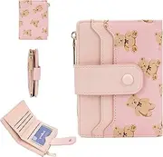 [Comforso] Women Wallet Slim Cute Mini Bear Wallet for Girls, Pocket Wallet with ID Window, Card Case Purse,Small Wallet Purse Women Coin Purse, Pink, 4.96 inch, Modern