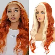KAMIMASU Highlight Blonde Lace Front Wig Ginger Orange Wig with Blonde Skunk Stripe Long Wavy13X3 Lace Wigs Heat Resistant Fiber Hair Synthetic Lace Front Wig for Fashion Women 24"