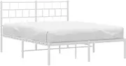 'vidaXL Classic White Metal Bed Frame with Sturdy Powder-Coated Steel Construction and Headboard, 135x190 cm, Storage Space Included, Modern Bedroom Decor