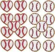 18 PCS Baseball Patch Gold Edges Heart Round Patches Self-Adhesive Sports Embroidered Patches Badge Can Iron on and Sew on Applique for Clothes Hat Dress DIY Decorative Clothing (White and red, One size)