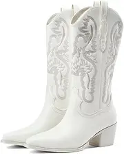 [GOSERCE] Black and White Cowboy Boots for Women Mid Calf Cowgirl Boots with Wings Pattern Pointed Toe Chunky Heel Pull Up Tabs