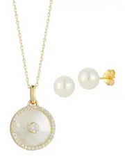Glaze Jewelry 14K Over Silver 6mm Pearl CZ Necklace & Earrings Set