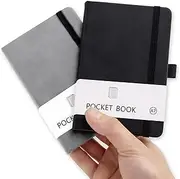 NICECONE A7 Pocket Notebook 2 Pack, Mini Notebook with Elastic Band for Pen, 200 Pages (100 Sheets) per Notepad, Small Lined Hardback Journal for Office School Travel, 110x80mm (Black + Grey)