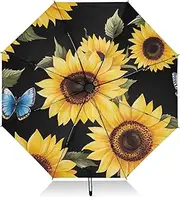 [PDZRMY] UV Protection Travel Umbrella Blue Butterfly Sunflower Compact for Rain and Sun - Auto Open and Close UPF 50+ Windproof Portable 46” Sun Umbrella for Women and Men