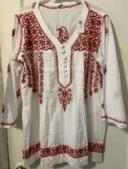 Red Embroidered kurta tunic top blouse XXL Amma Mata Amritanandamayi SHIPS FREE