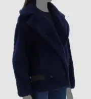$2990 Max Mara Women's Blue Silk-Blend Caserta Faux Fur Moto Jacket Coat Size 14