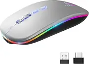 HOTLIFE LED Wireless Mouse, Slim Rechargeable Silent Bluetooth Mouse, Portable USB Optical 2.4G Wireless Bluetooth Two Mode Computer Mice with USB Receiver and Type C Adapter(Silver)