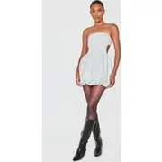 Stone Pinstripe Bandeau Tie Back Puffball Mini Dress, Stone
