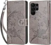 Mobile Phone Case for Samsung Galaxy S23 Ultra, Samsung S23 Ultra Case, Premium Leather Flip Foldable Shockproof Magnetic [Stand Function] [Card Slots] Protective Case - Grey