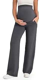 [G4Free] Maternity Work Pants Stretchy Yoga Pants with Pockets Winter Pregnancy High Waist Straight Leg Outfits(Dark Gray,L,28")