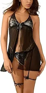 [KUAOPATA] Mesh Lingerie Fishnet Babydoll Mini Dress Bodysuit See Through Shirts sleeveless Lingerie Bodysuit
