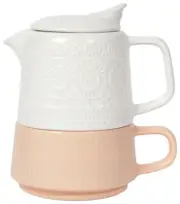 NOW DESIGNS DANICA TEAPOT AND CUP GALA TEA FOR ME SET 'JUBILLEE' PEACH/WHITE
