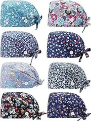 [SATINIOR] 8 Packs Gourd-Shaped Working Cap with Buttons Sweatband Adjustable Hats Tie Back Hats Headwear Printed for Women Men, Multicoloured, Medium, Multicoloured, Medium